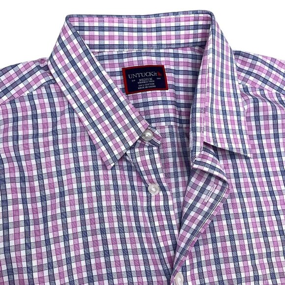 Untuckit Shirt Men‎ Medium Pink Blue Check Plaid Wrinkle Free Classic  Cotton - Picture 1 of 10